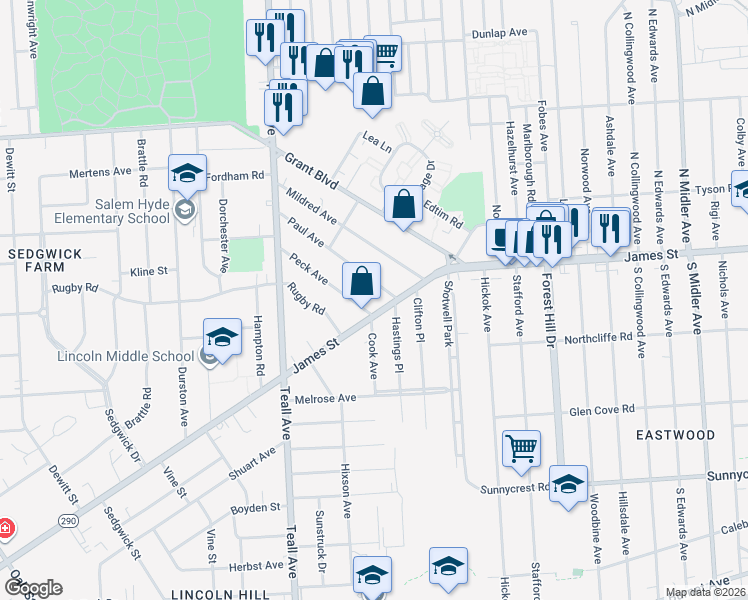 map of restaurants, bars, coffee shops, grocery stores, and more near 113 Paul Avenue in Syracuse