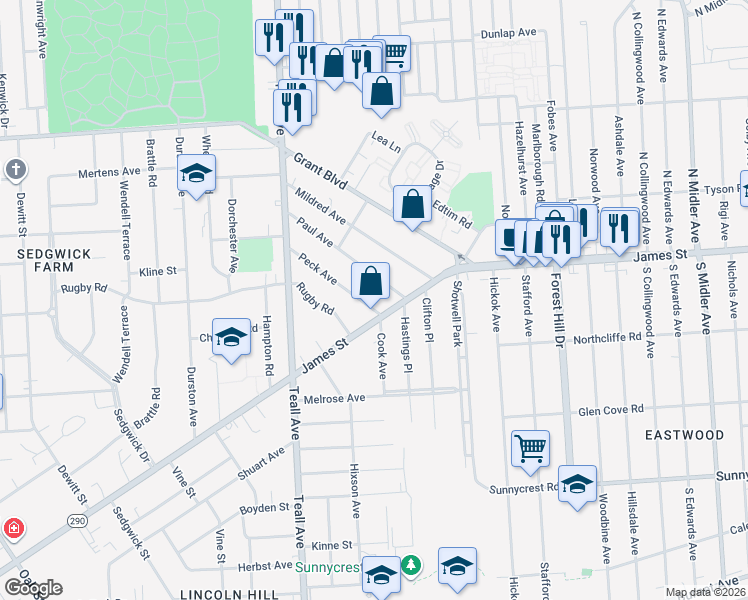 map of restaurants, bars, coffee shops, grocery stores, and more near 113 Paul Avenue in Syracuse