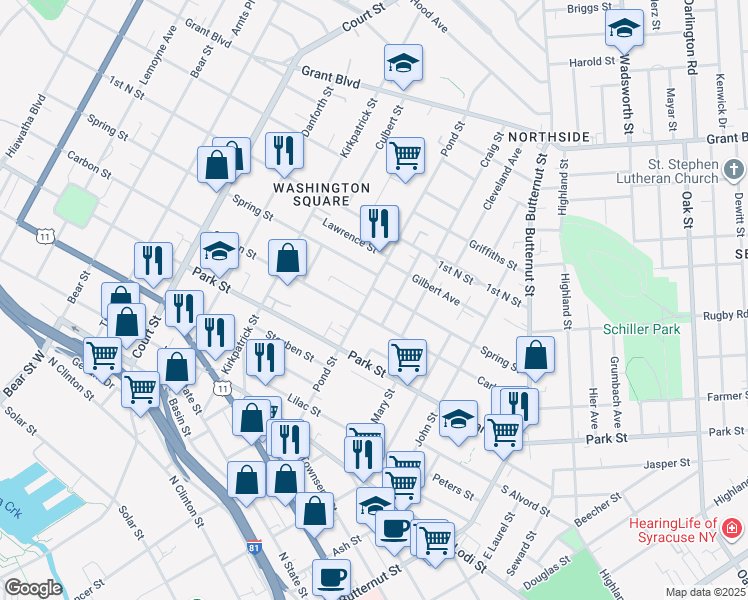map of restaurants, bars, coffee shops, grocery stores, and more near 615 Pond Street in Syracuse