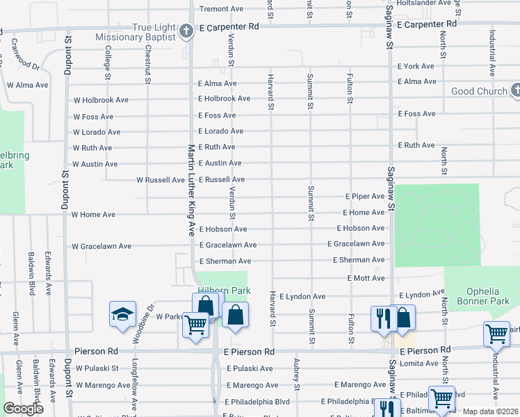 map of restaurants, bars, coffee shops, grocery stores, and more near 257 East Piper Avenue in Flint
