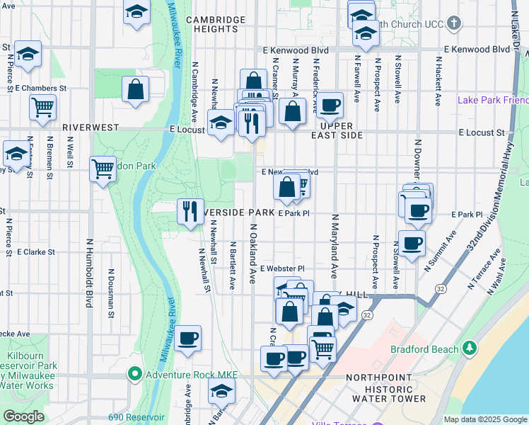 map of restaurants, bars, coffee shops, grocery stores, and more near 2729 North Oakland Avenue in Milwaukee
