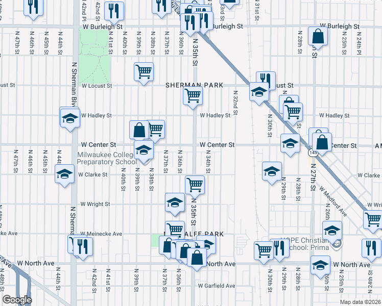 map of restaurants, bars, coffee shops, grocery stores, and more near 3416 West Center Street in Milwaukee