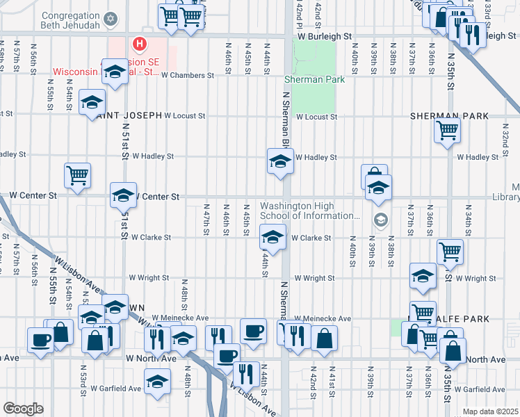 map of restaurants, bars, coffee shops, grocery stores, and more near 4410 West Center Street in Milwaukee