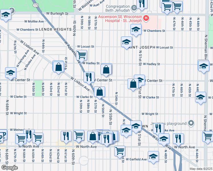 map of restaurants, bars, coffee shops, grocery stores, and more near 5507 West Center Street in Milwaukee