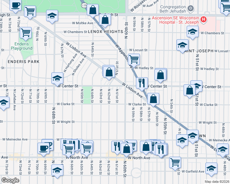 map of restaurants, bars, coffee shops, grocery stores, and more near 6031 West Center Street in Milwaukee