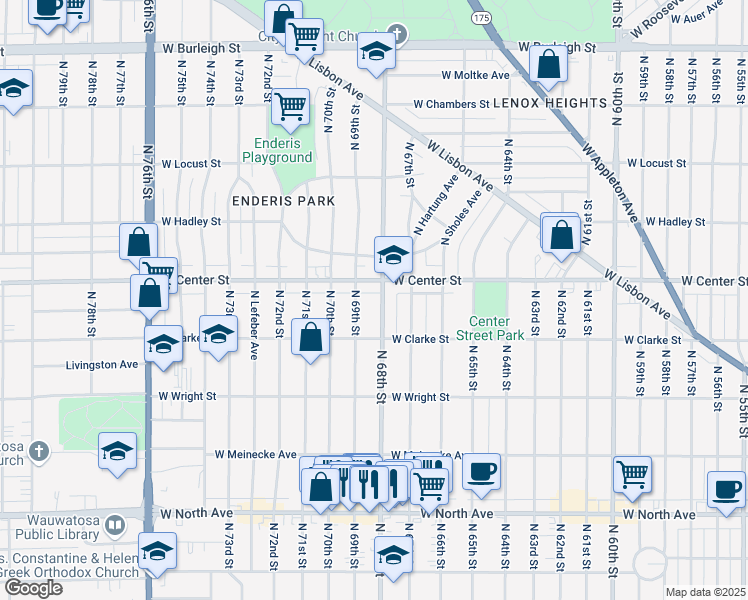 map of restaurants, bars, coffee shops, grocery stores, and more near in Wauwatosa