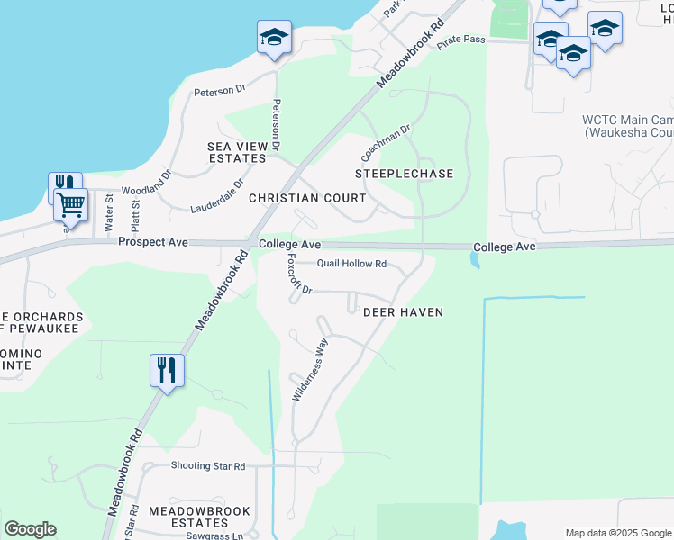 map of restaurants, bars, coffee shops, grocery stores, and more near N26W26334 Quail Hollow Road in Pewaukee
