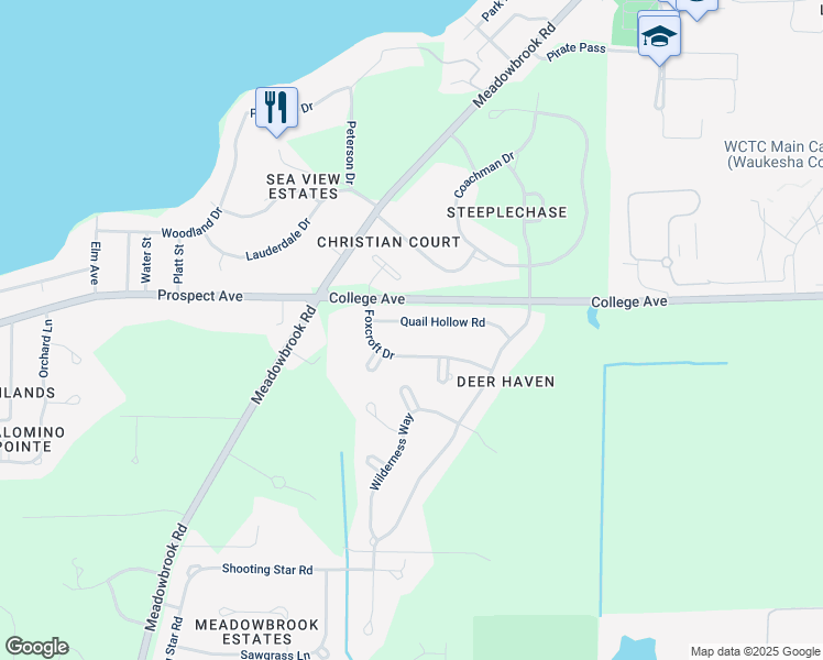 map of restaurants, bars, coffee shops, grocery stores, and more near N26W26414 Quail Hollow Road in Pewaukee