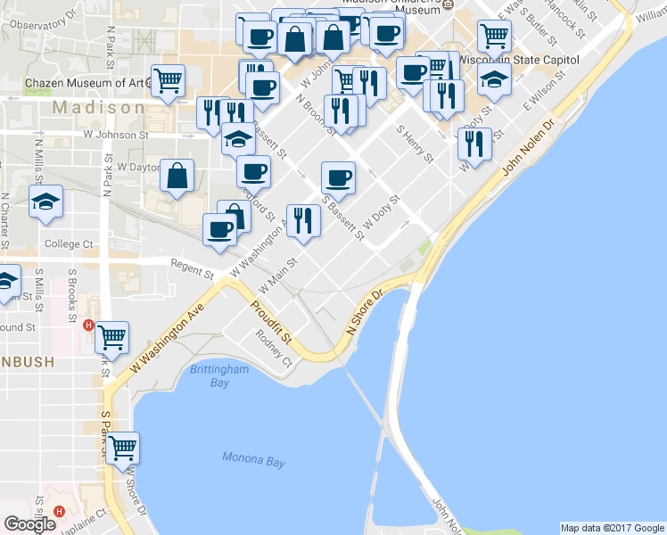 map of restaurants, bars, coffee shops, grocery stores, and more near 524 West Doty Street in Madison