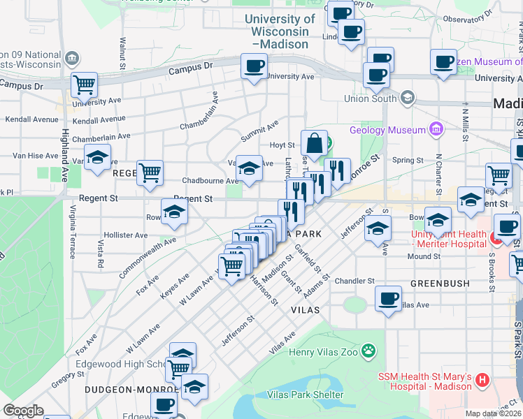 map of restaurants, bars, coffee shops, grocery stores, and more near 1728 Regent Street in Madison
