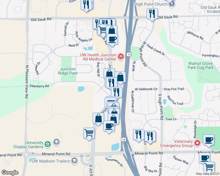 map of restaurants, bars, coffee shops, grocery stores, and more near 376 Junction Road in Madison