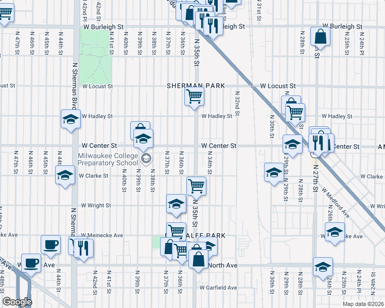 map of restaurants, bars, coffee shops, grocery stores, and more near 3416 West Center Street in Milwaukee