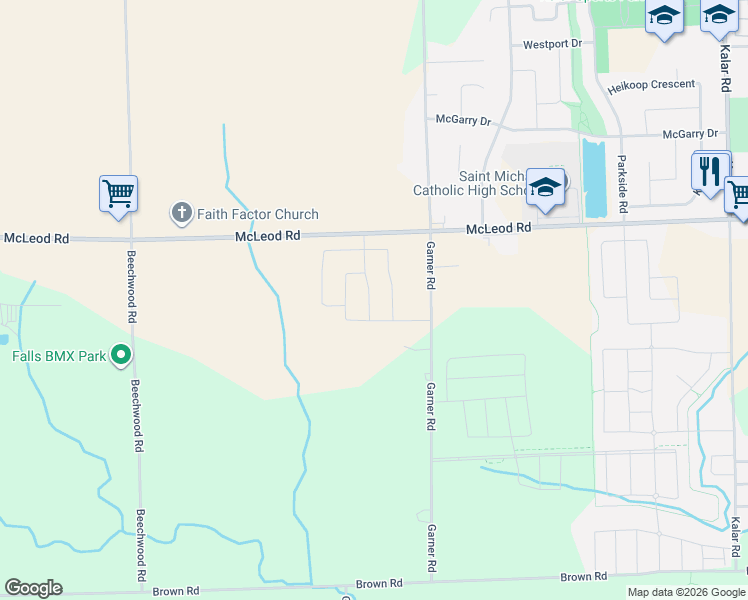 map of restaurants, bars, coffee shops, grocery stores, and more near 9098 McLeod Road in Niagara Falls