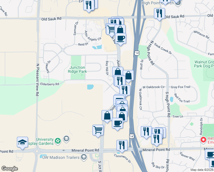 map of restaurants, bars, coffee shops, grocery stores, and more near 250 Harbour Town Drive in Madison