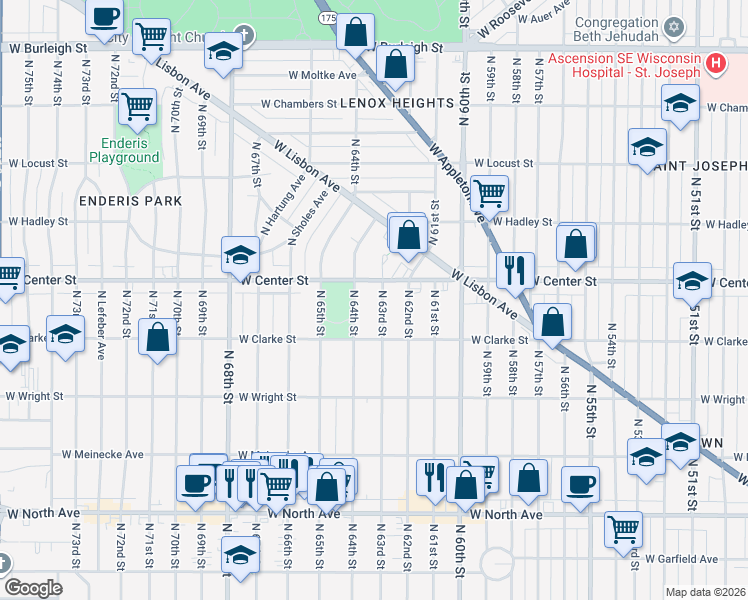 map of restaurants, bars, coffee shops, grocery stores, and more near 6319 West Center Street in Milwaukee