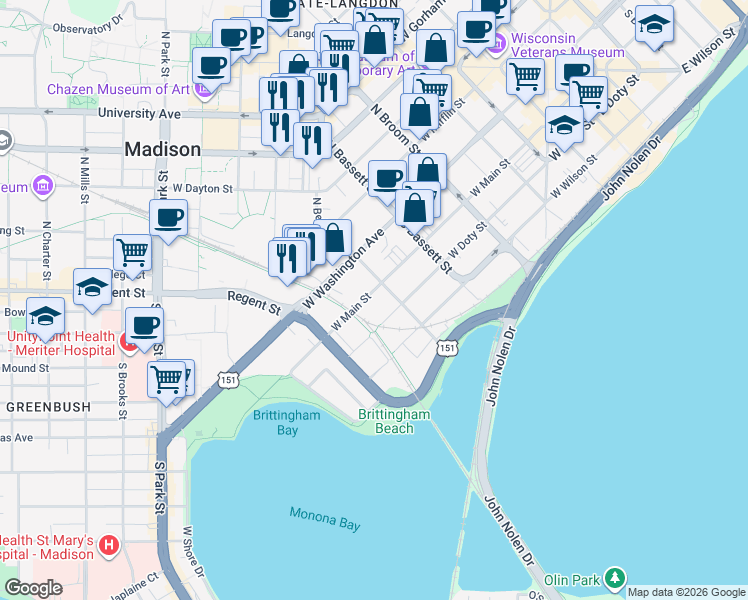 map of restaurants, bars, coffee shops, grocery stores, and more near 551 West Main Street in Madison