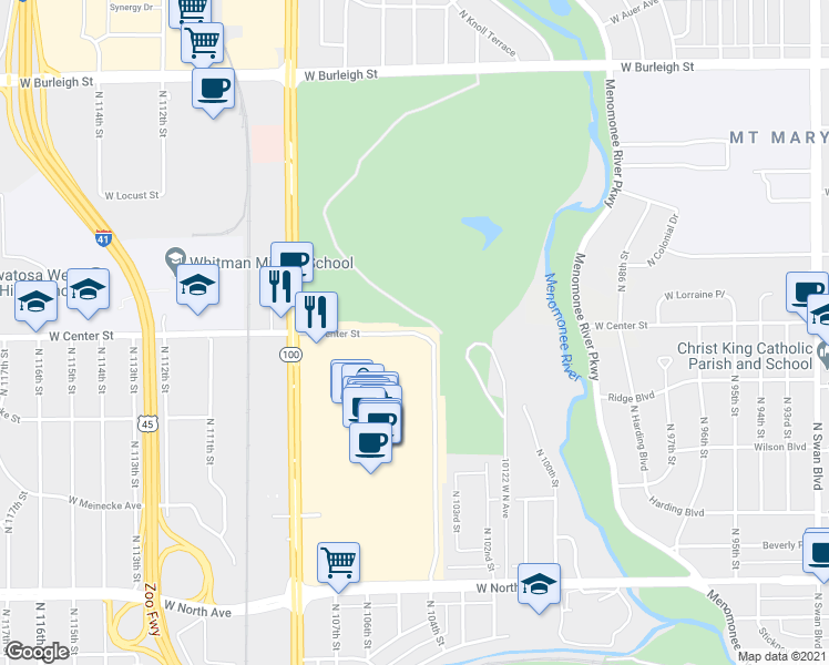 map of restaurants, bars, coffee shops, grocery stores, and more near West Center Street in Wauwatosa