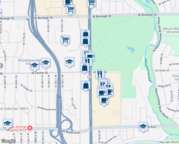 map of restaurants, bars, coffee shops, grocery stores, and more near North Mayfair Road in Wauwatosa