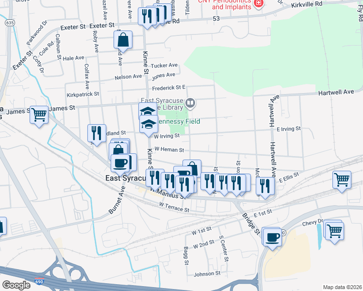 map of restaurants, bars, coffee shops, grocery stores, and more near 201 West Irving Street in East Syracuse
