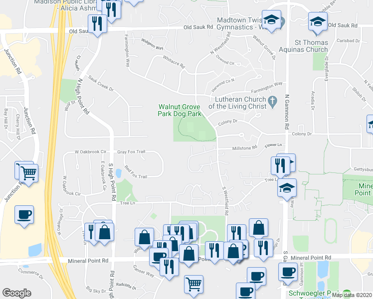 map of restaurants, bars, coffee shops, grocery stores, and more near 44 Oak Creek Trail in Madison