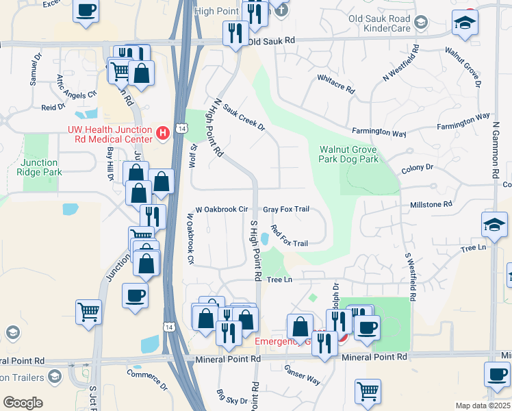 map of restaurants, bars, coffee shops, grocery stores, and more near 7 North High Point Road in Madison