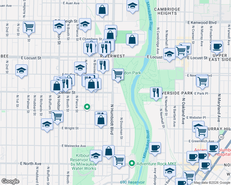 map of restaurants, bars, coffee shops, grocery stores, and more near 2730 North Humboldt Boulevard in Milwaukee