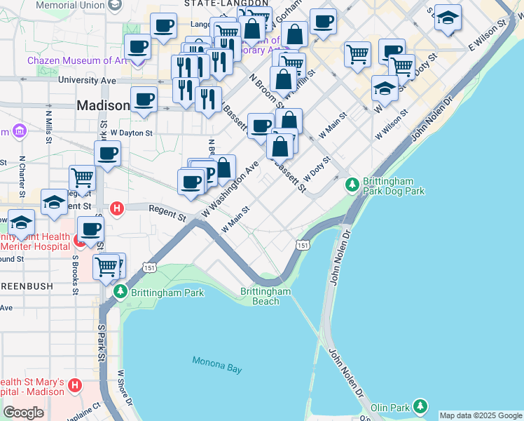 map of restaurants, bars, coffee shops, grocery stores, and more near 114 South Bedford Street in Madison