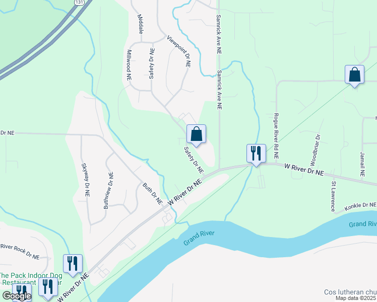 map of restaurants, bars, coffee shops, grocery stores, and more near 5800 Safety Drive Northeast in Plainfield charter Township