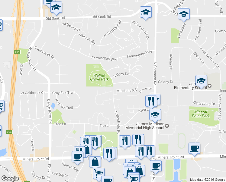 map of restaurants, bars, coffee shops, grocery stores, and more near 0 Oak Creek Trail in Madison
