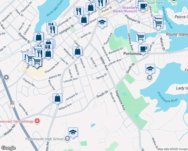 map of restaurants, bars, coffee shops, grocery stores, and more near 373 Lincoln Avenue in Portsmouth