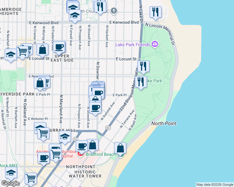 map of restaurants, bars, coffee shops, grocery stores, and more near 2729 North Summit Avenue in Milwaukee
