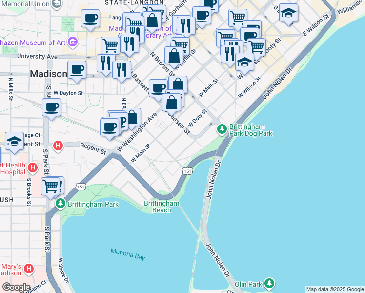 map of restaurants, bars, coffee shops, grocery stores, and more near 526 West Wilson Street in Madison