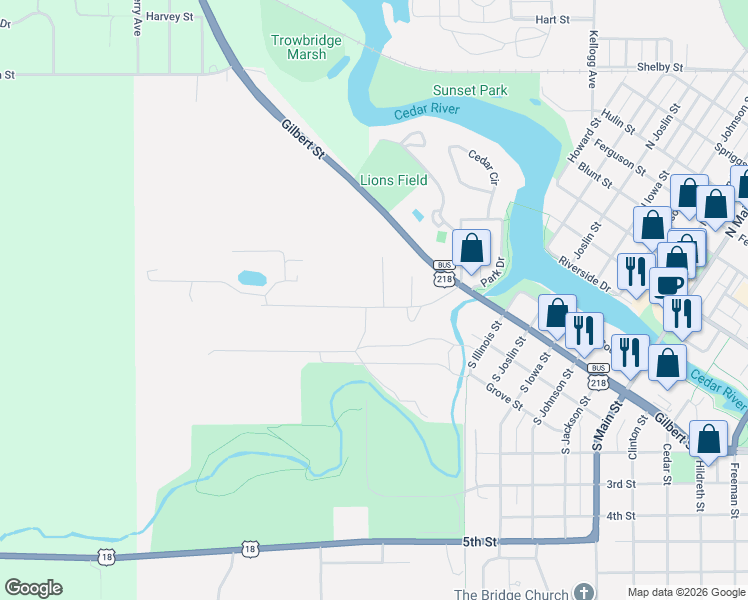 map of restaurants, bars, coffee shops, grocery stores, and more near 105 Hillside Drive in Charles City