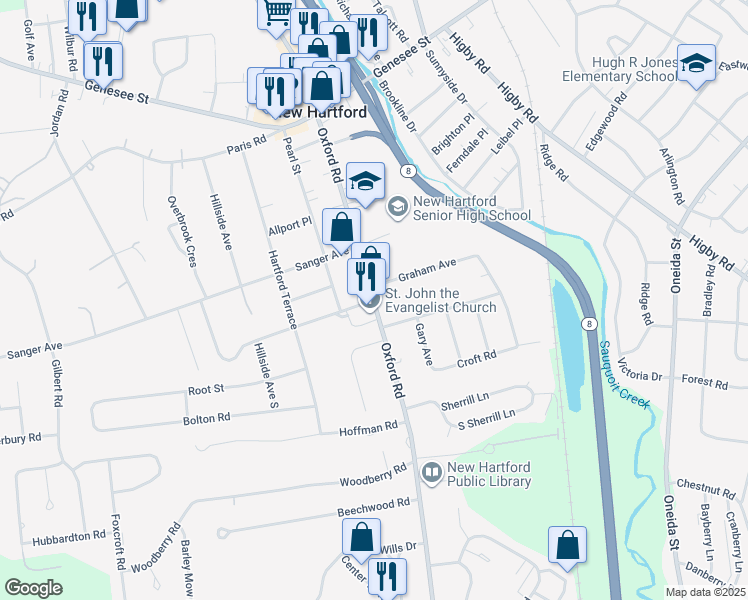 map of restaurants, bars, coffee shops, grocery stores, and more near Oxford Road & Sherman Street in New Hartford