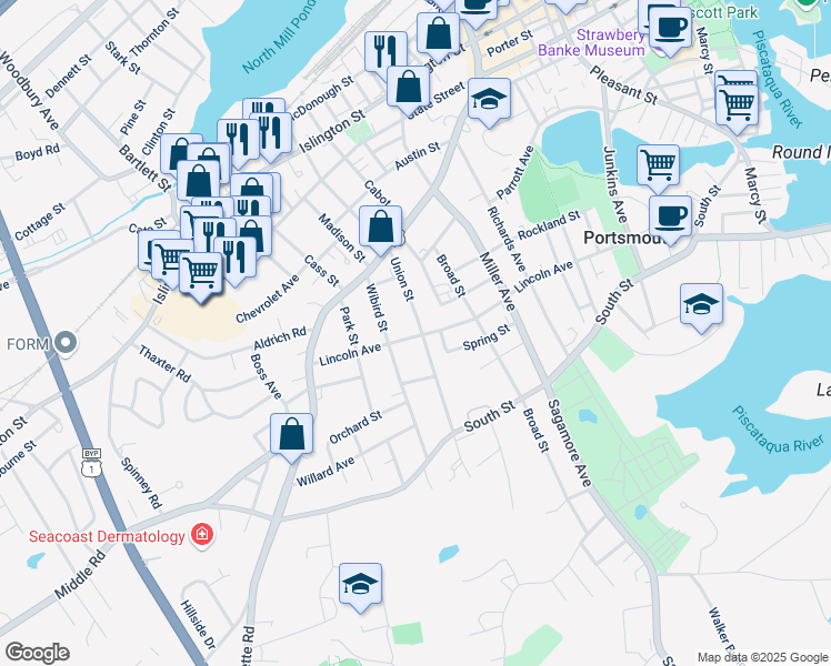 map of restaurants, bars, coffee shops, grocery stores, and more near 425 Union Street in Portsmouth