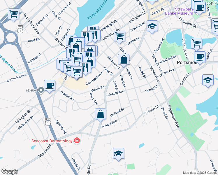 map of restaurants, bars, coffee shops, grocery stores, and more near 678 Middle Street in Portsmouth