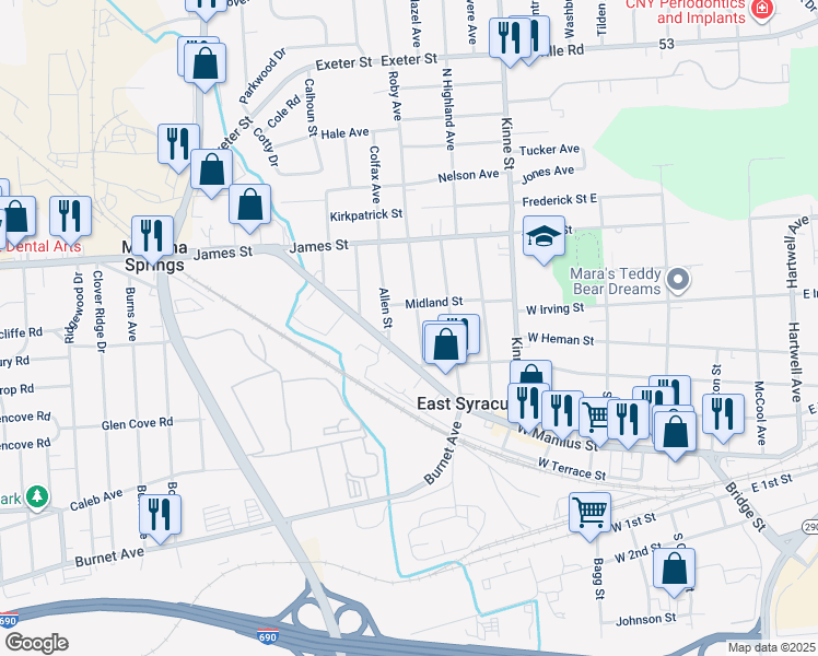 map of restaurants, bars, coffee shops, grocery stores, and more near 112 Allen Street in East Syracuse