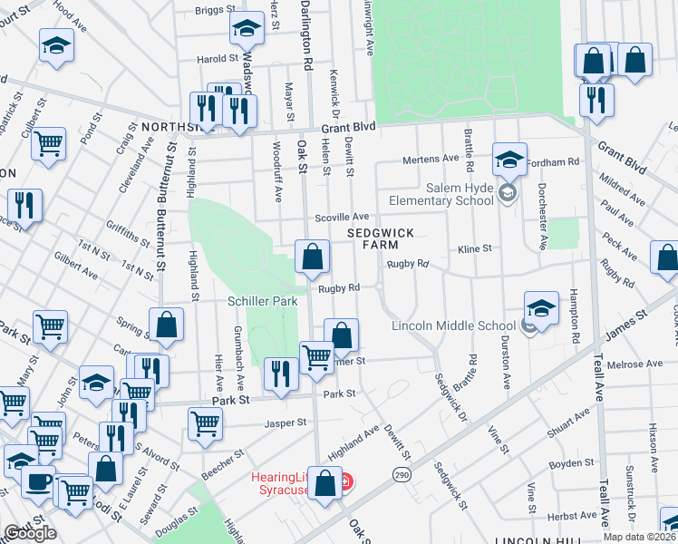 map of restaurants, bars, coffee shops, grocery stores, and more near 419 Helen Street in Syracuse