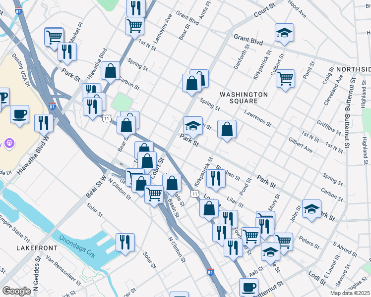map of restaurants, bars, coffee shops, grocery stores, and more near 314 Court Street in Syracuse