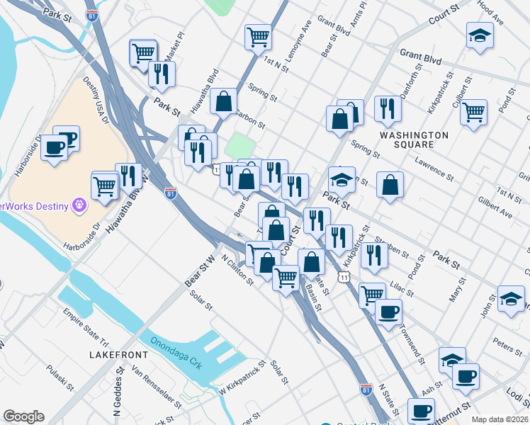 map of restaurants, bars, coffee shops, grocery stores, and more near 1407 North Salina Street in Syracuse