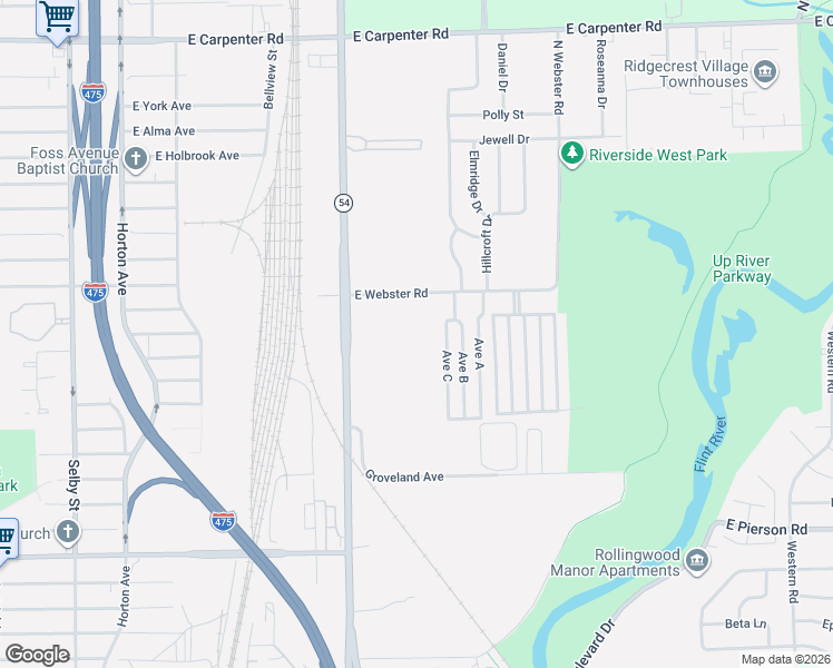 map of restaurants, bars, coffee shops, grocery stores, and more near 1606 East Webster Road in Flint