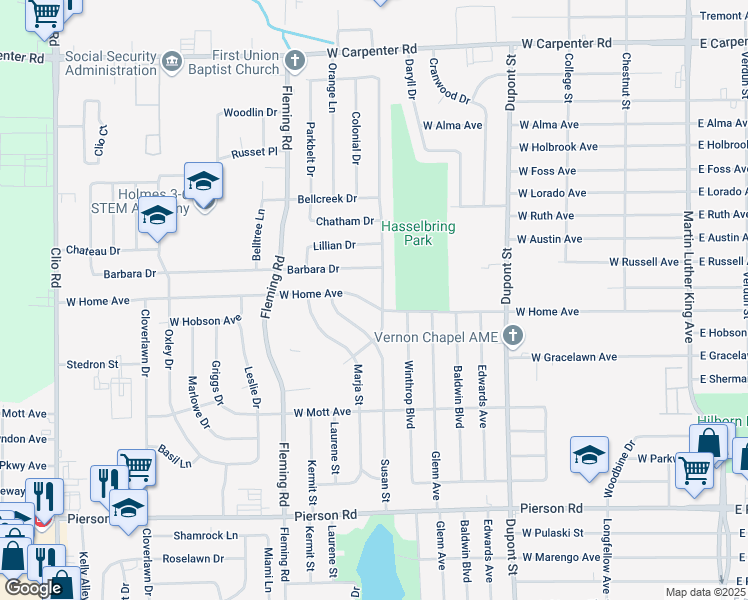 map of restaurants, bars, coffee shops, grocery stores, and more near 6101 Sally Court in Flint