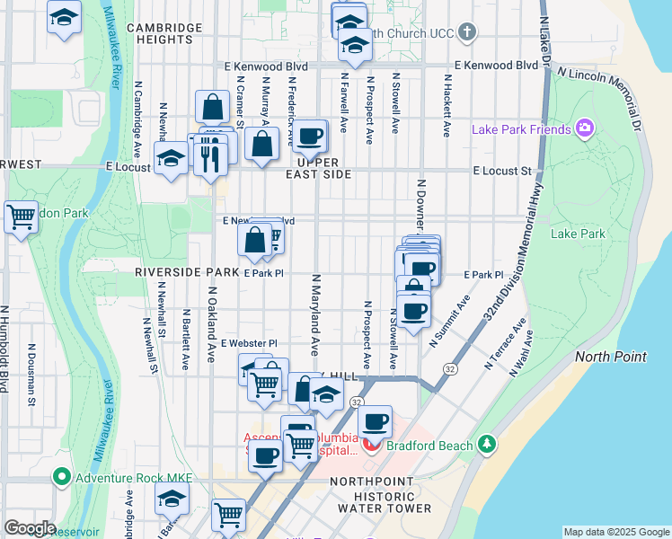 map of restaurants, bars, coffee shops, grocery stores, and more near 2723 North Farwell Avenue in Milwaukee