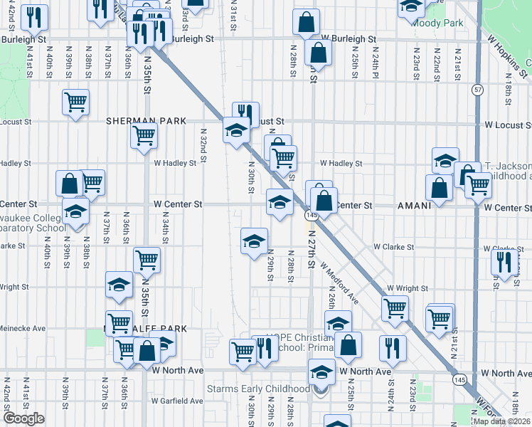 map of restaurants, bars, coffee shops, grocery stores, and more near 2828 West Center Street in Milwaukee