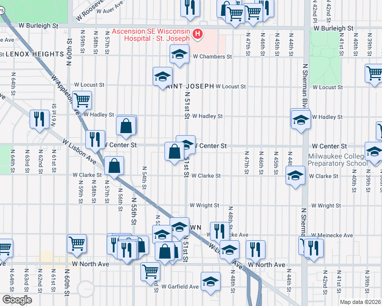map of restaurants, bars, coffee shops, grocery stores, and more near 5006 West Center Street in Milwaukee
