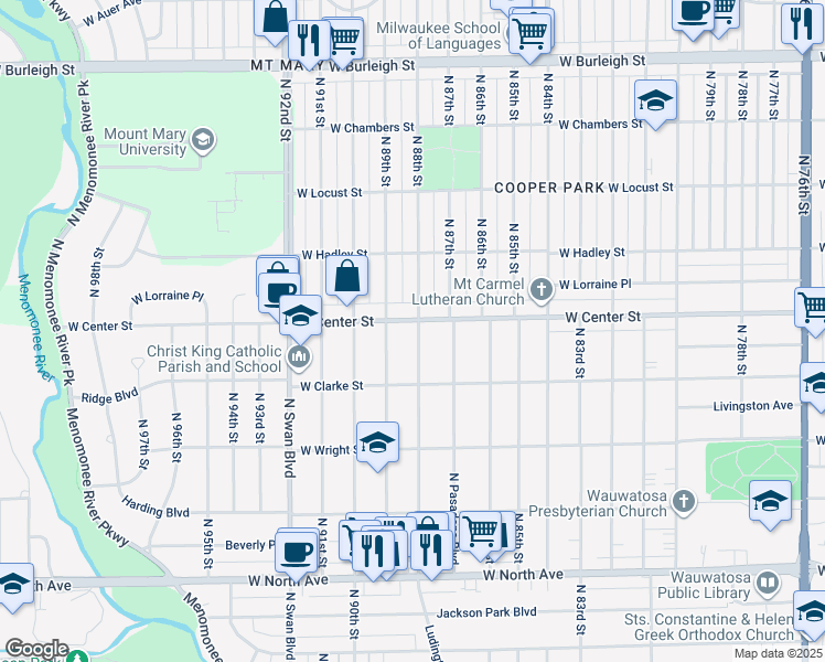 map of restaurants, bars, coffee shops, grocery stores, and more near 8808 West Center Street in Milwaukee