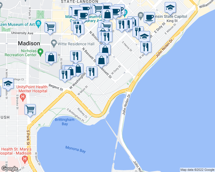 map of restaurants, bars, coffee shops, grocery stores, and more near 524 West Doty Street in Madison
