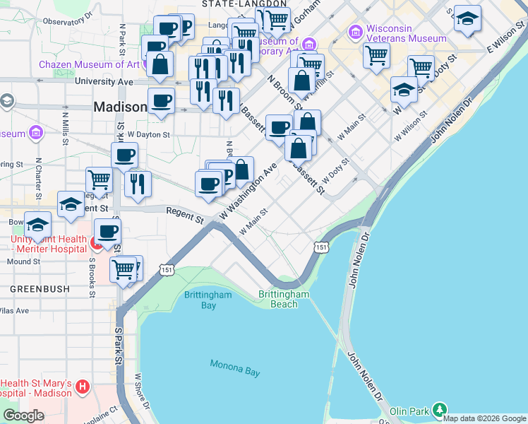 map of restaurants, bars, coffee shops, grocery stores, and more near 612 West Main Street in Madison