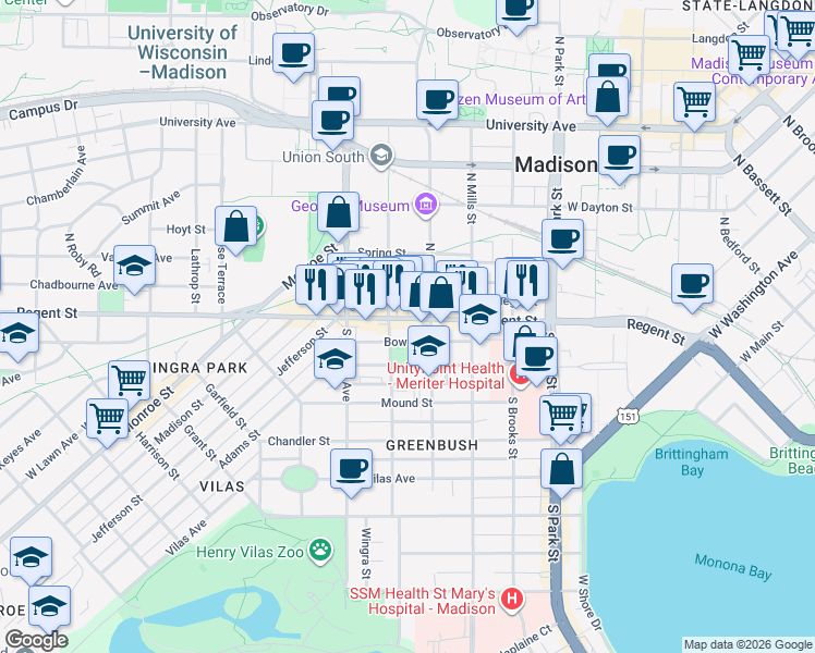 map of restaurants, bars, coffee shops, grocery stores, and more near 1202 Regent Street in Madison