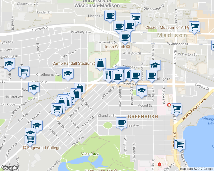 map of restaurants, bars, coffee shops, grocery stores, and more near 1402 Regent Street in Madison